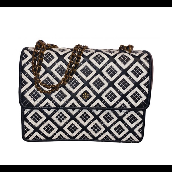 TORY BURCH Robinson Woven Leather Chain Wallet Crossbody Black/Ivory Giftbag - Picture 1 of 5
